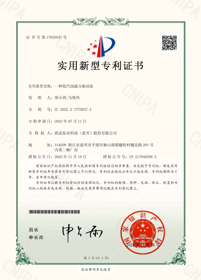 Certificate - Low NPSH Magnetic Drive Pump - Benliu